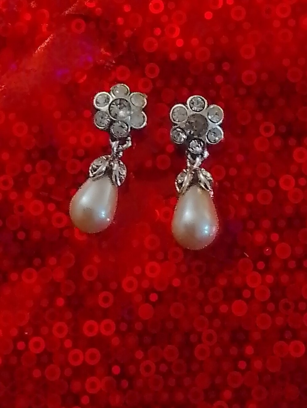 Source Unknown Silver Floral Pearl Teardrop Earrings